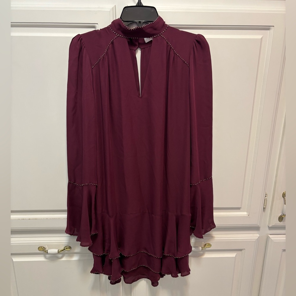 Parker Tesla High Neck Rhinestone Flutter Sleeve Maroon Silk Short Dress Size S